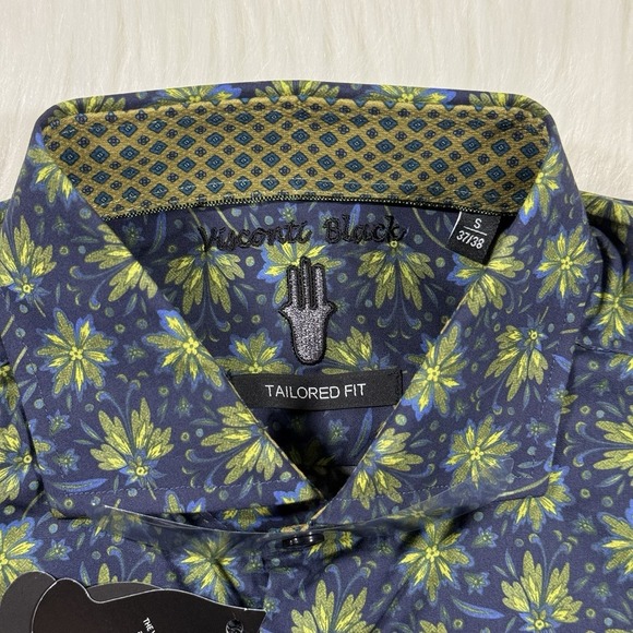 Luchiano Visconti Black Men's Size Small Green Blue Leaf Print Long Sleeve Shirt - Picture 6 of 9
